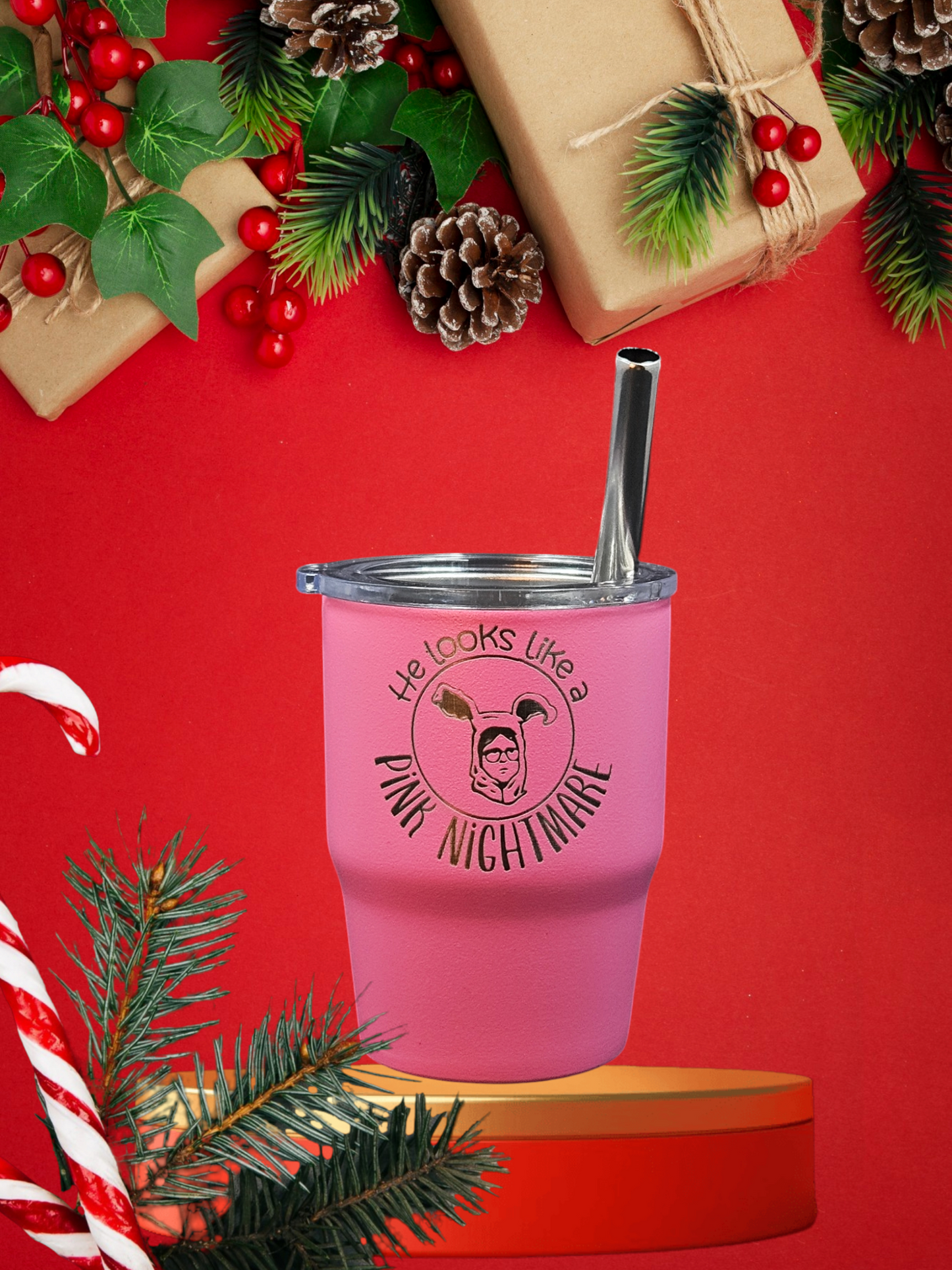 Pink Nightmare - 4oz. Stainless Steel Shot Glass Mini Tumbler w/ lid and straw